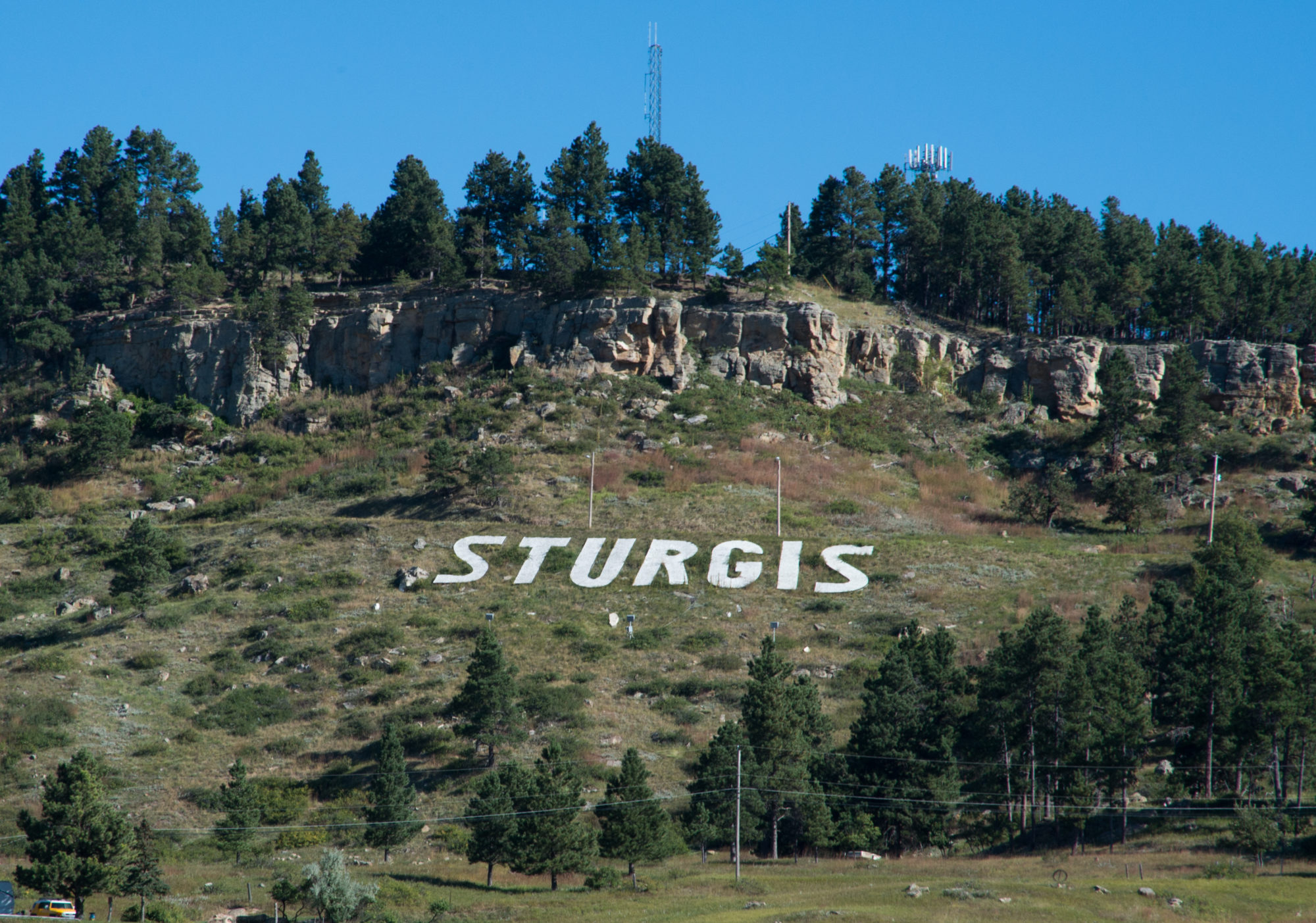 Sturgis sign on Sly Hill north of downtown Sturgis, South Dakota